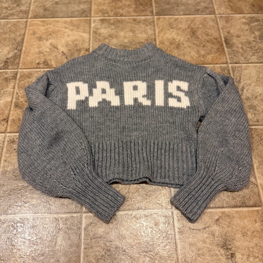 HM Divided Gray Paris Graphic Cropped Chunky Knit Puff Sleeve Sweater XS